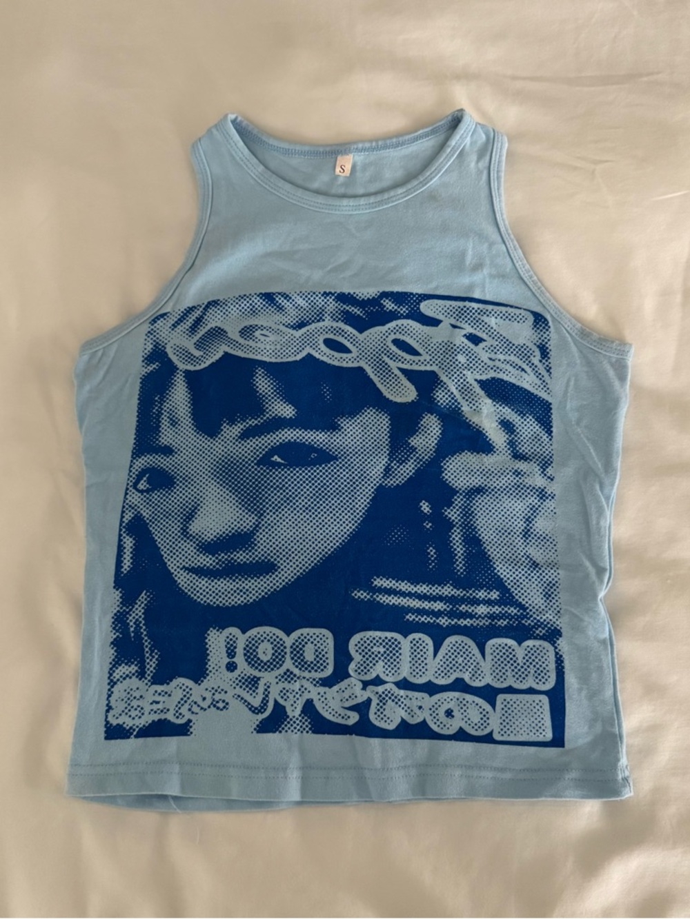 Light Blue Graphic Tank with Bold Navy Face Print